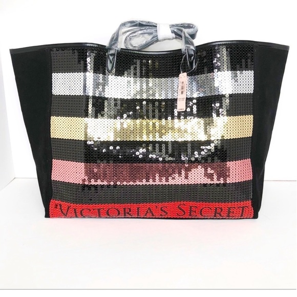 Nwt VICTORIA'S SECRET STRIPED SEQUIN BLACK PINK RED LOGO TOTE - Picture 9 of 13